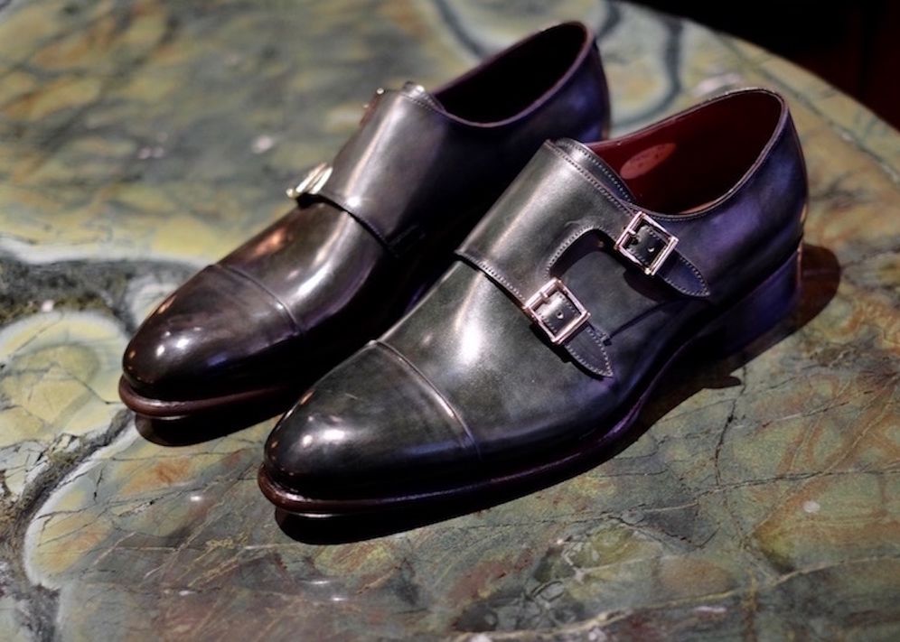 black suede double monk strap shoes