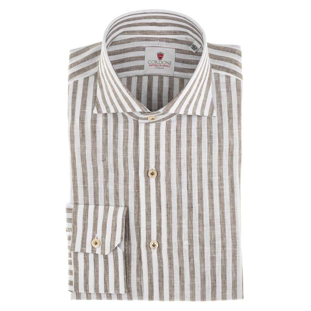 Cordone 1956 Brown And White Linen Wide Stripe Shirt The